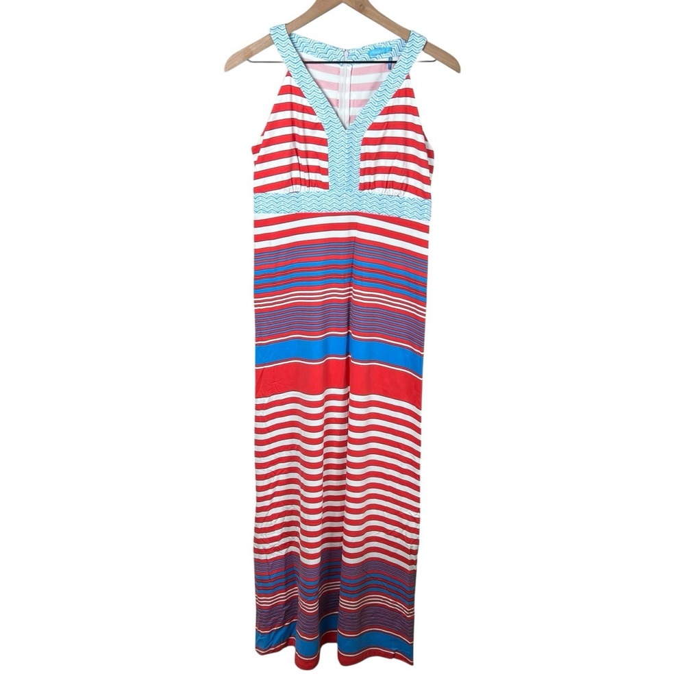 J.McLaughlin Women XS Red White Blue Stripe Sleeveless Jersey Stretch Maxi Dress